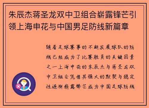 朱辰杰蒋圣龙双中卫组合崭露锋芒引领上海申花与中国男足防线新篇章