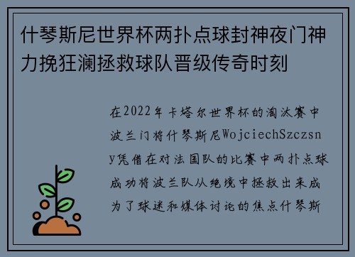 什琴斯尼世界杯两扑点球封神夜门神力挽狂澜拯救球队晋级传奇时刻
